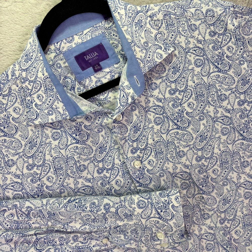 Tallia Mens Button Down Shirt Sz L Blue White Paisley Cotton Long Sleeve Date